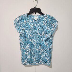 J.Jill Flutter Short Sleeve Mediterranean Blue and White Floral Top Blouse- MP